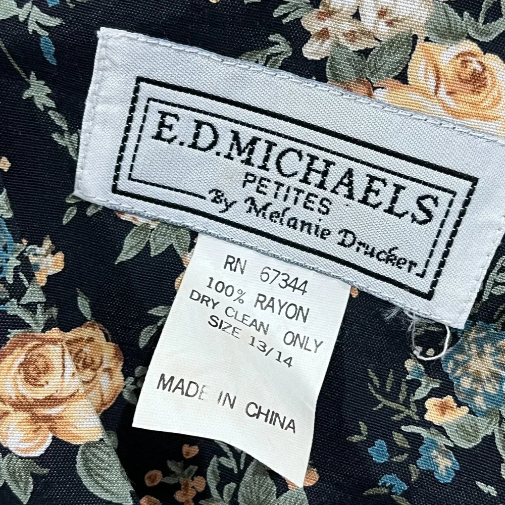 Vintage ED Michaels Dress 13/14 Petite Dark Floral Puff Sleeve Cottagecore Roses